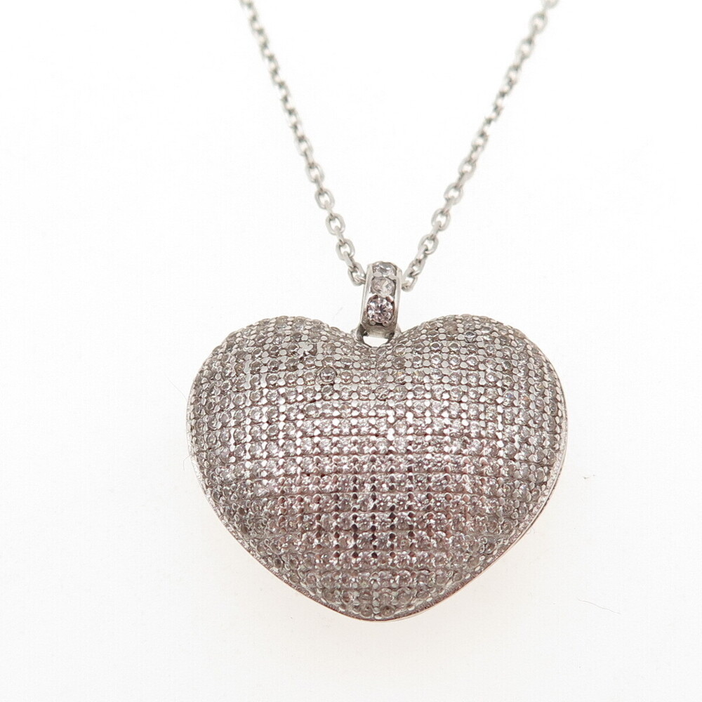 925 Sterling Silver Italy Round-Cut C Z Puffy Heart Cable Chain Necklace 16" - Picture 4 of 9